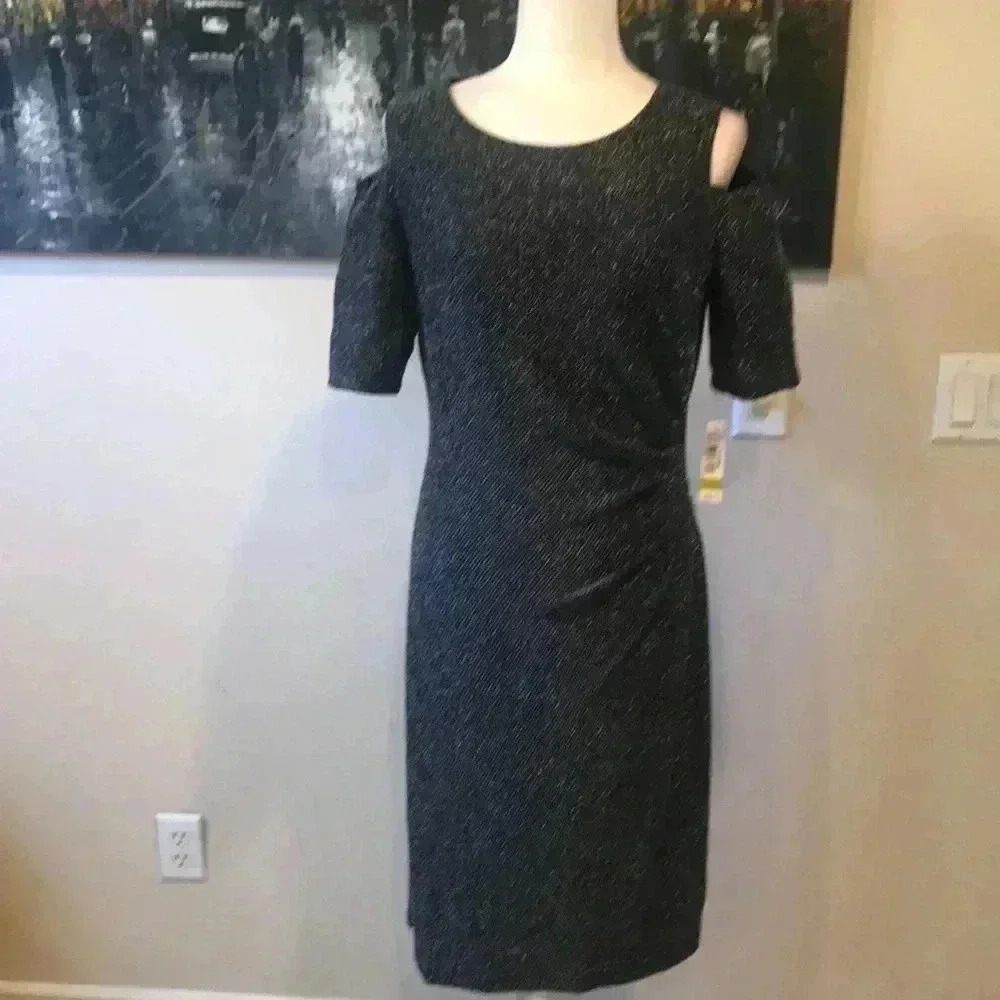 NWT R&M Richards Sparkle Knit Cold Shoulder Sheath Dress w/Side Ruching -Size 14